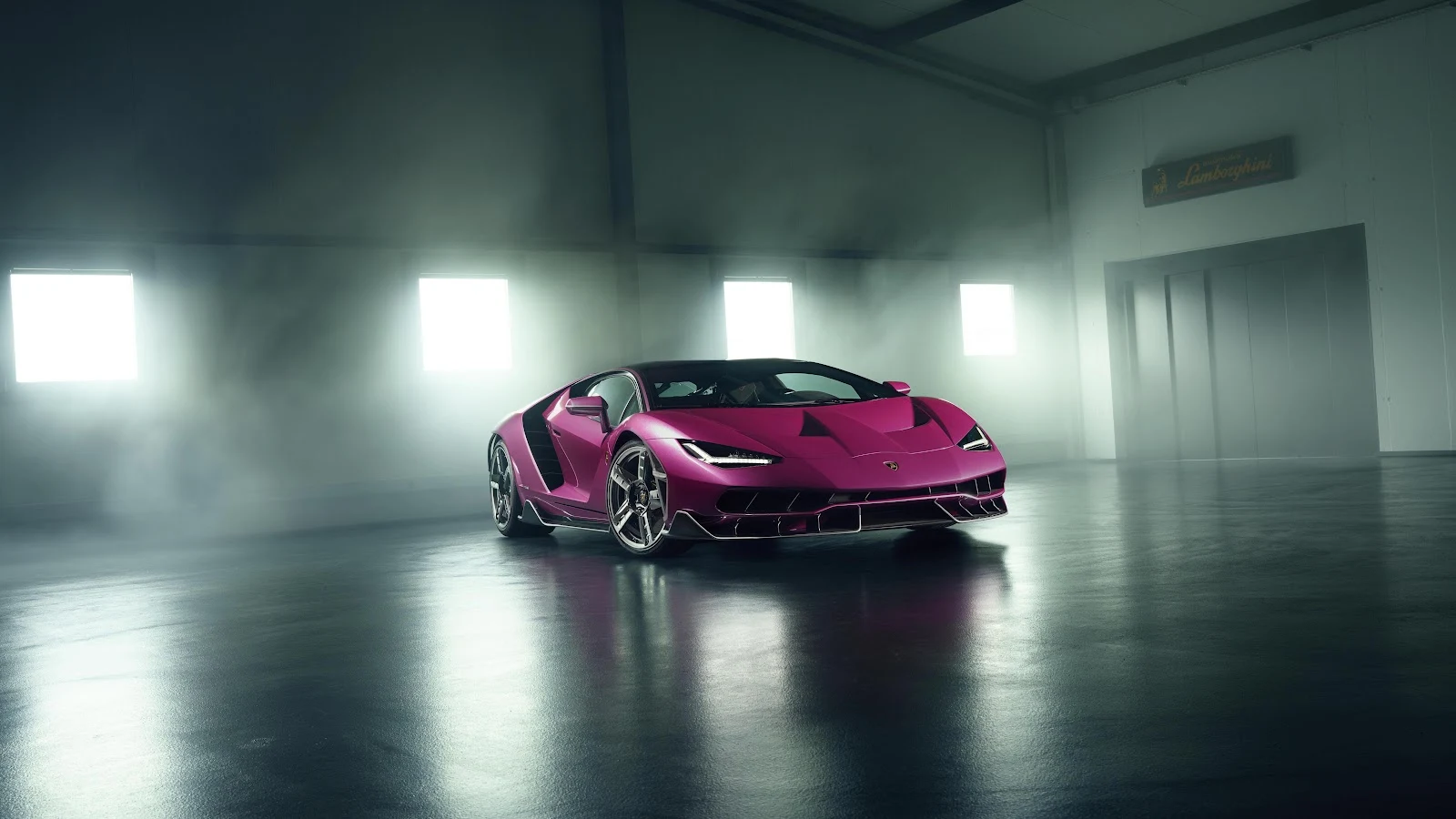 Purple Lamborghini In Industrial Hangar - Cinematic Automotive Shot 8K Wallpaper (7680x4320)