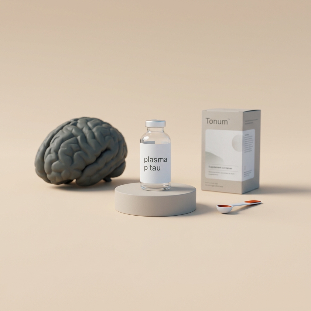 Studio photograph of diagnostic artifacts on Tonum beige background including a plasma p tau vial a gray brain model and a Tonum supplement container placed tactfully referencing amyloid testing