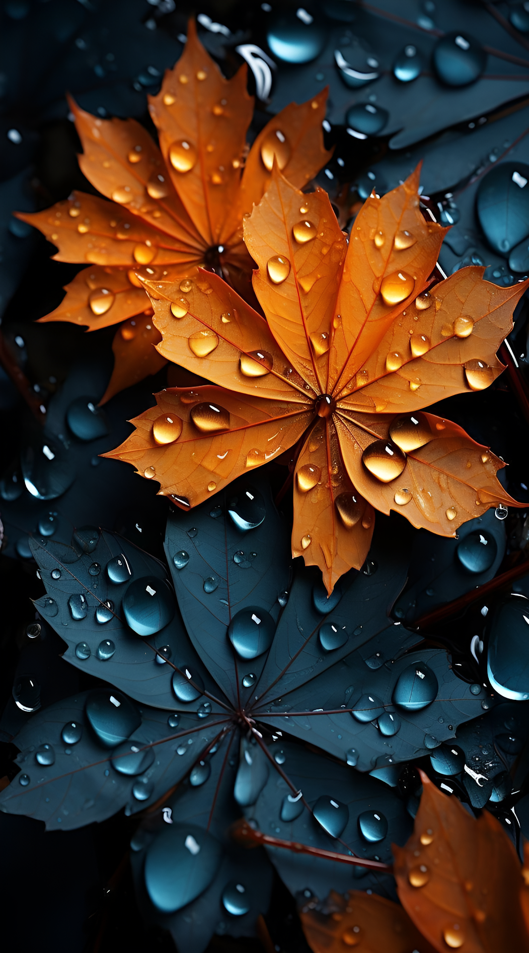 Glossy Autumn Foliage with Raindrops Teal and Amber - Free 4K mobile Wallpaper
