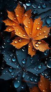 Glossy Autumn Foliage with Raindrops Teal and Amber