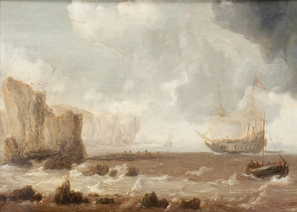 A Dutch Battleship and Sailing Boats in Choppy Seas near a Rocky Coast