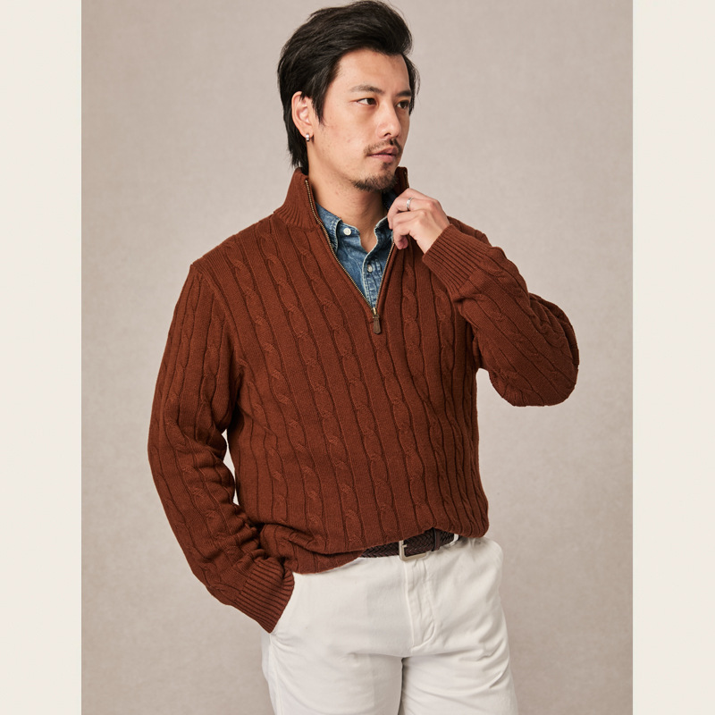 Herren-Strickpullover, Stehkragen mit Reißverschluss, Zopfmuster