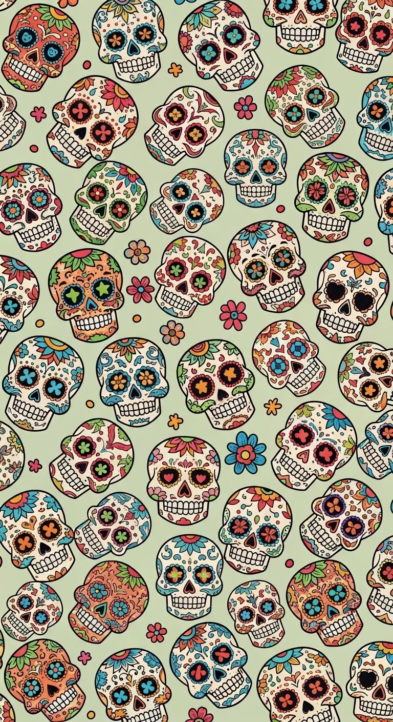 Vertical Seamless Pattern of Colorful Mexican Sugar Skulls on a Pale Background - Free 4K mobile Wallpaper