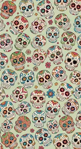 Vertical Seamless Pattern of Colorful Mexican Sugar Skulls on a Pale Background