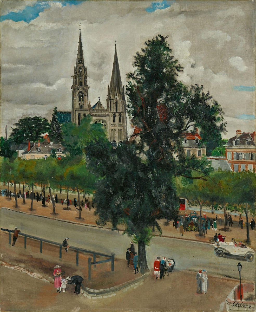 French street view with cathedral 20th century