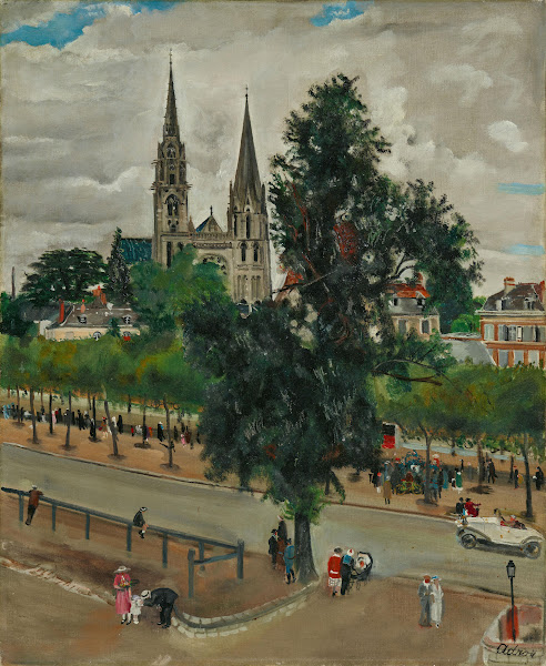 French street view with cathedral 20th century
