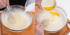 Thêm 400ml sữa tươi không đường vào hỗn hợp bột làm bánh crepe, khuấy đều bằng phới sao cho hỗn hợp thật mịn, không bị vón cục. Rót bơ đun chảy vào, khuấy đều lần nữa rồi cho âu bột làm bánh crepe vào tủ lạnh trong vòng 30 phút.
