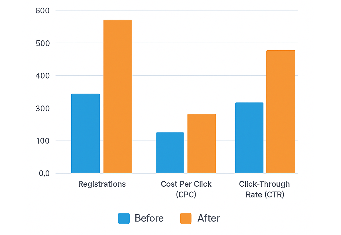 Bar chart showing registration and cost metrics before and after last-minute ads