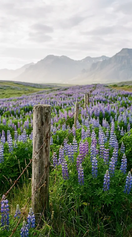 Lupine Field with Wooden Post and Hazy Mountains