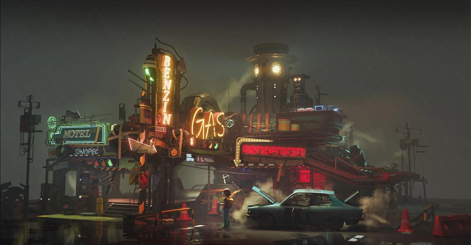 Cyberpunk Gas Station In The Rain - Cyberpunk Digital Art 4K Wallpaper (5000x2604)