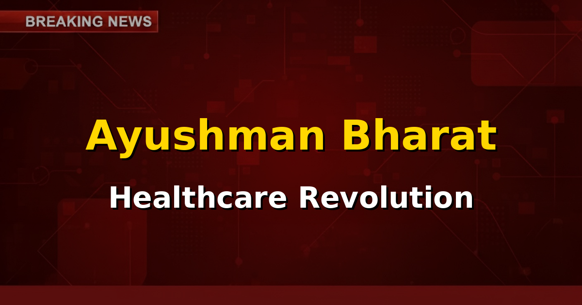 Illustrative image of Ayushman Bharat logo with people accessing healthcare services, symbolizing health coverage and digital health initiatives.