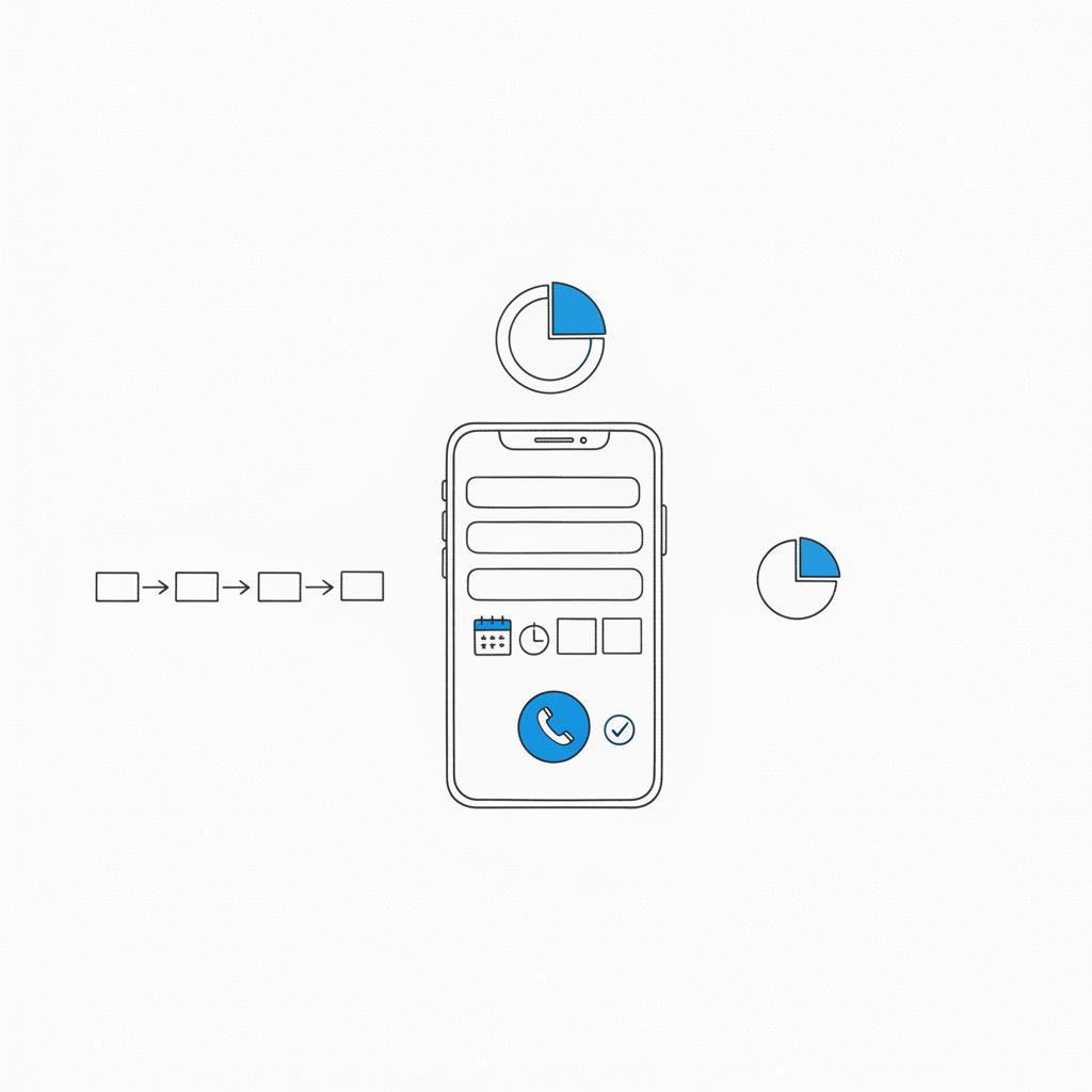 Minimal 2D vector sketch of a mobile booking form on a notebook-style white page with short fields, a blue tap-to-call CTA and a confirming checkmark for a website for cleaning business