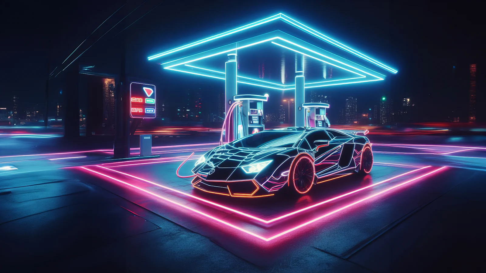 A Stunning Ai Art, Illustration, Neon, Sports Car 2K Desktop and Mobile Wallpaper Background (3640x2048)