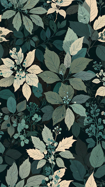 Dark Botanical Seamless Pattern with Sage and Teal Leaves - Free mobile Wallpaper