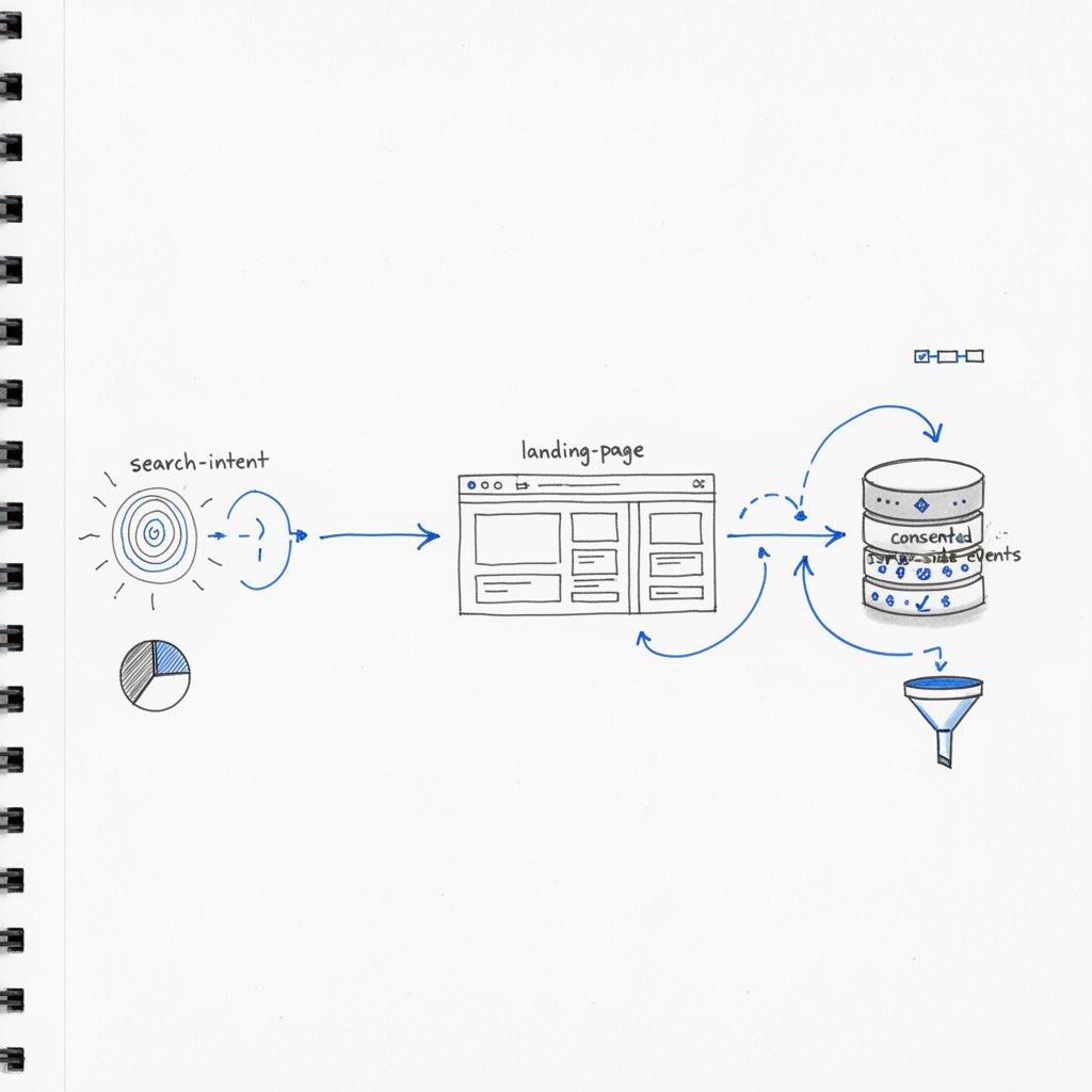 Close-up notebook sketch showing a strategic workflow connecting search intent to landing pages to consented server-side events in minimalist brand colors for medical PPC.