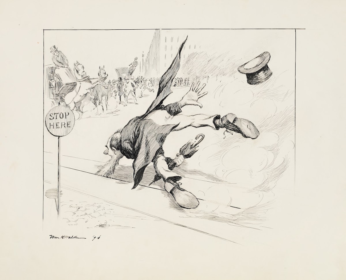 A mans beard is stuck in trolley tracks disrupting traffic on the street 1896