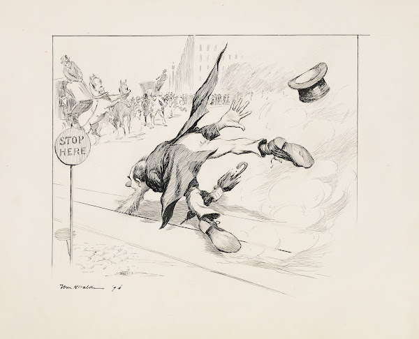 A mans beard is stuck in trolley tracks disrupting traffic on the street 1896