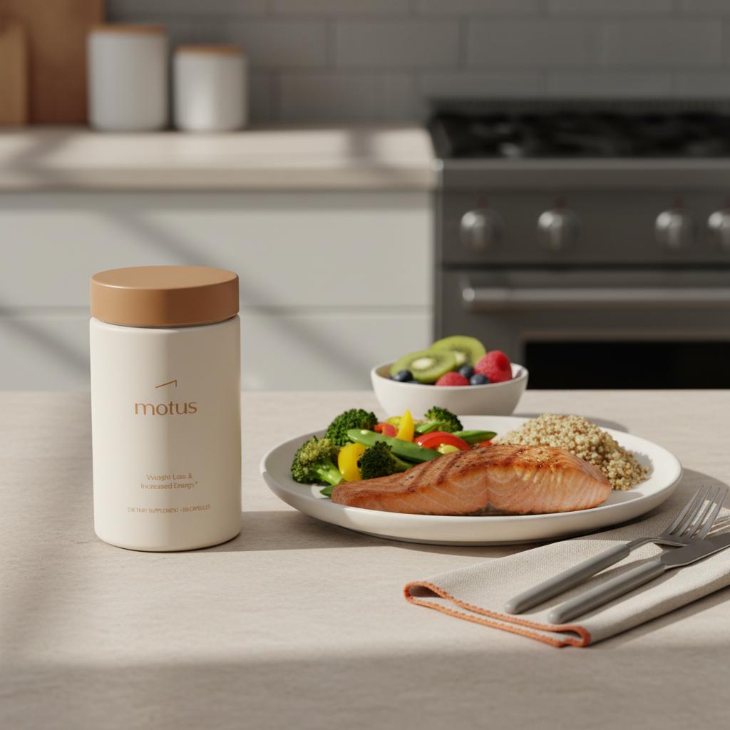 Motus supplement beside a plated salmon, mixed vegetables, quinoa and a small bowl of fruit on a clean kitchen counter, illustrating how to improve glucose metabolism.