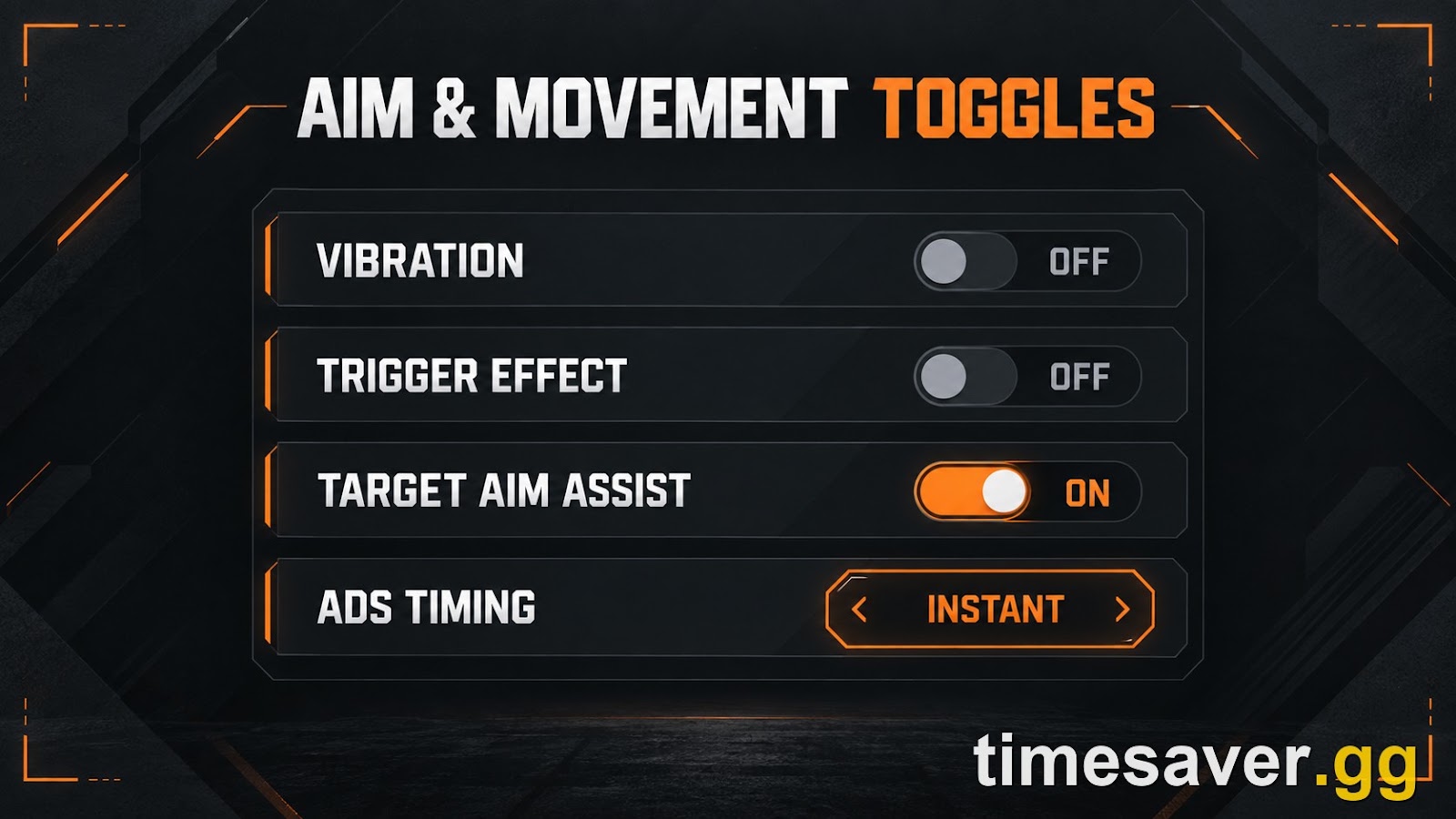 Aim and movement toggle recommendations for Modern Warfare 4 — vibration off, trigger effect off, target aim assist on, ADS timing instant — shown as a settings panel