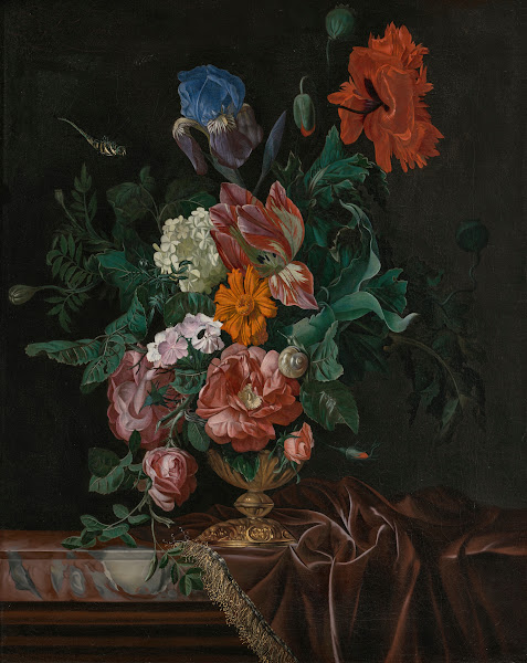 Tulips roses irises and other flowers in an ornate gilded vase with a dragonfly