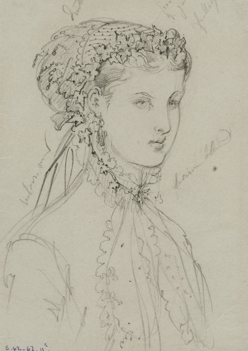 Femme en buste de trois quarts avec coiffe de dentelle 1867