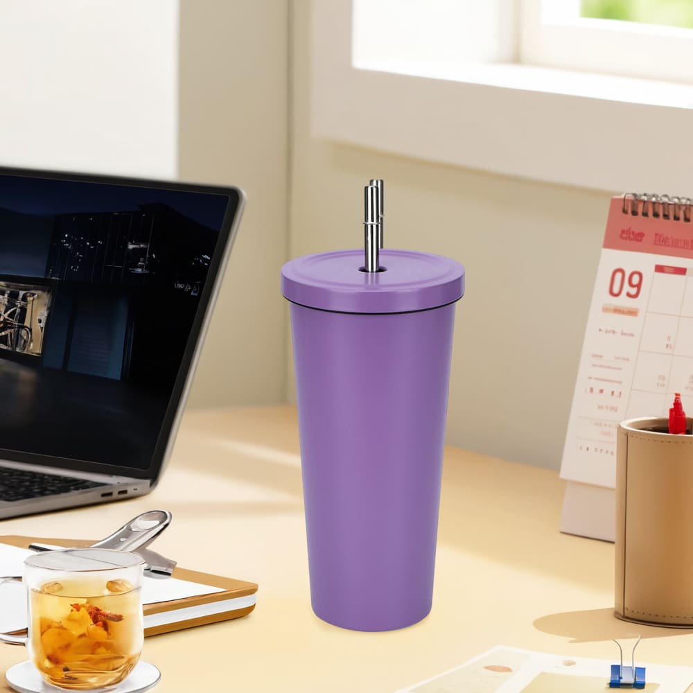 Termo de doble pared de acero inoxidable Link Life™ diseño de vaso con popote color morado