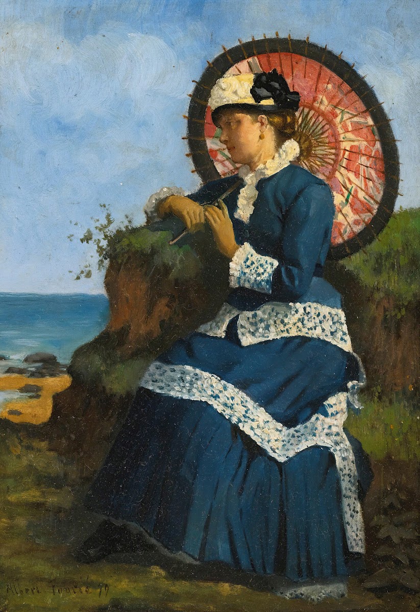 Anelegant lady by the shore with a pink parasol 1879