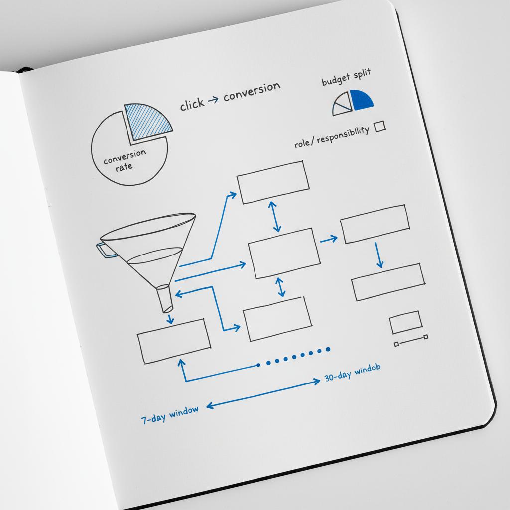 Top-down sketchbook page mapping click to conversion with pie-chart conversion rates and arrows showing attribution windows via dot markers, highlighted in #1a5bfb &mdash; is CPA pay per click