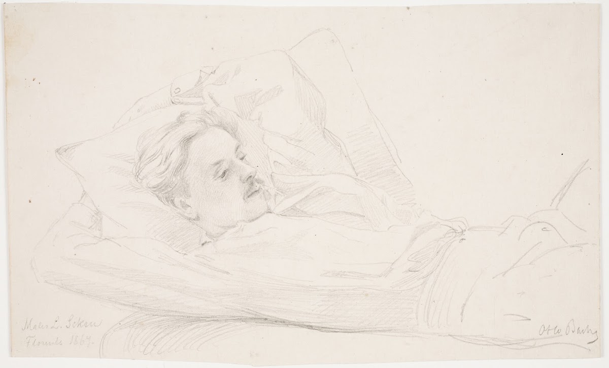 Maleren L A Schou liggende 1867