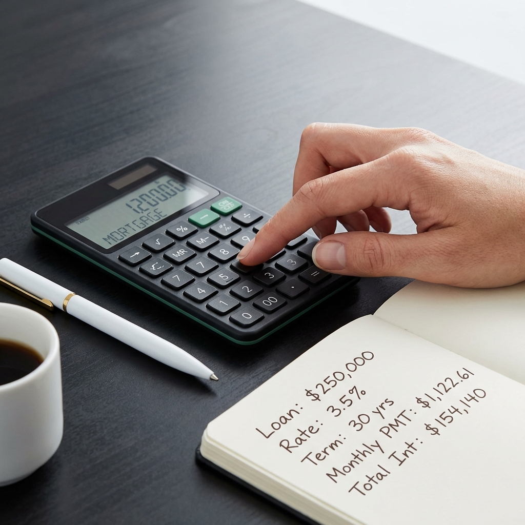 Close up of hand performing mortgage calculations with calculator and notebook showing worked steps how can i get started in real estate