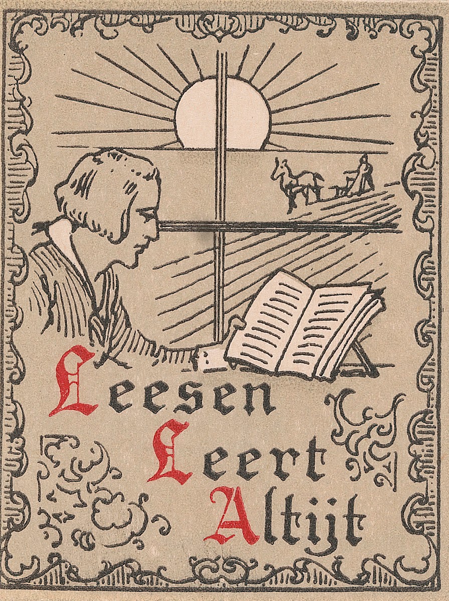 Ex libris met een lezende man voor een raam 1900