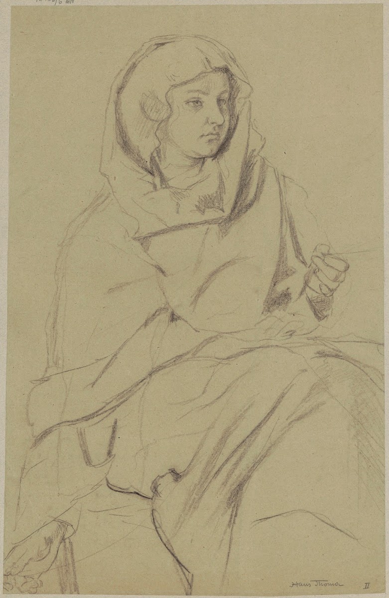 Woman in a strongly creased robe and a scarf on her head spinning a thread 1880