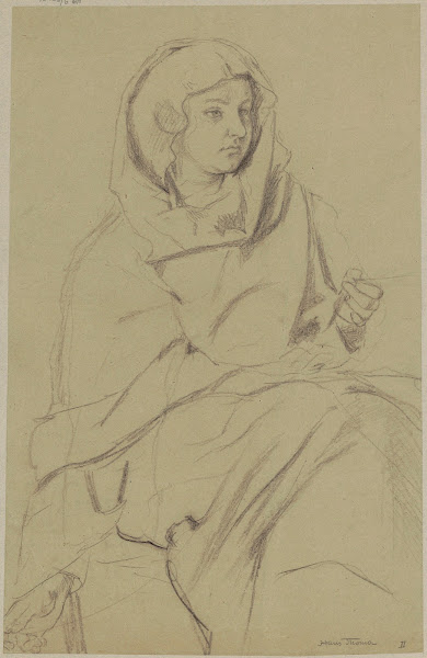 Woman in a strongly creased robe and a scarf on her head spinning a thread 1880
