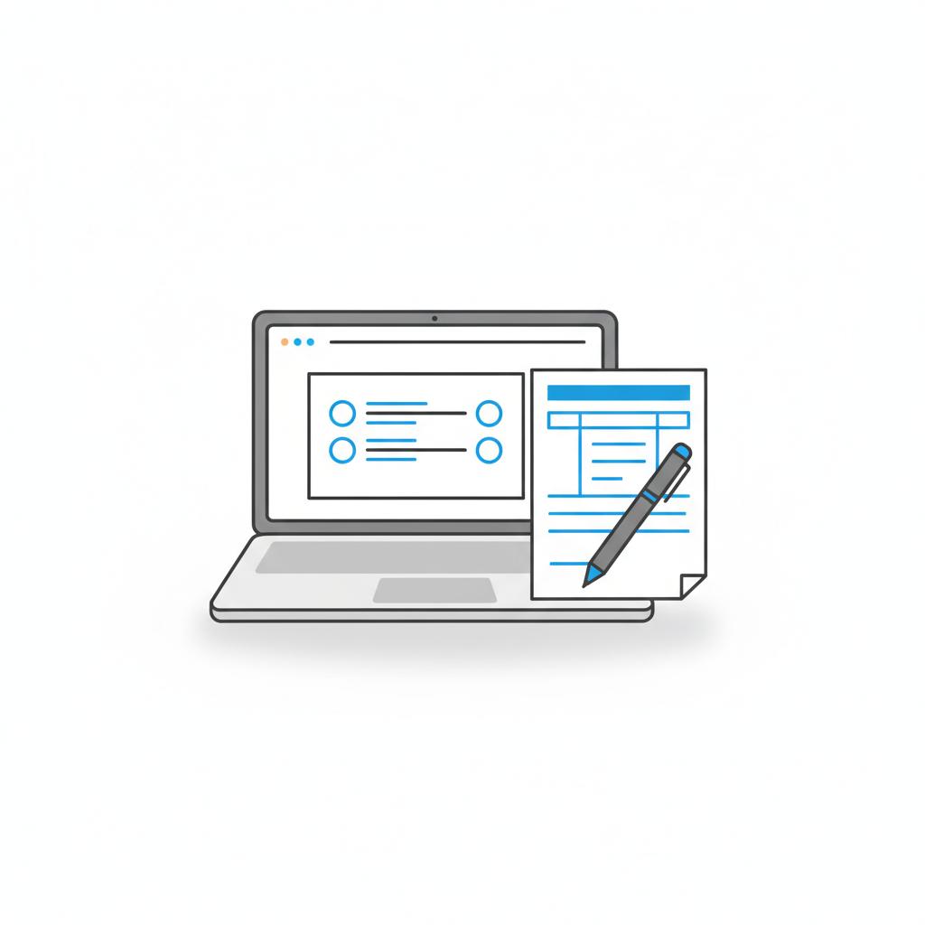 Minimalist 2D vector workspace with laptop showing vehicle history layout and printed vehicle report with pen on white background accents in #3666ed how to get a carfax report for free