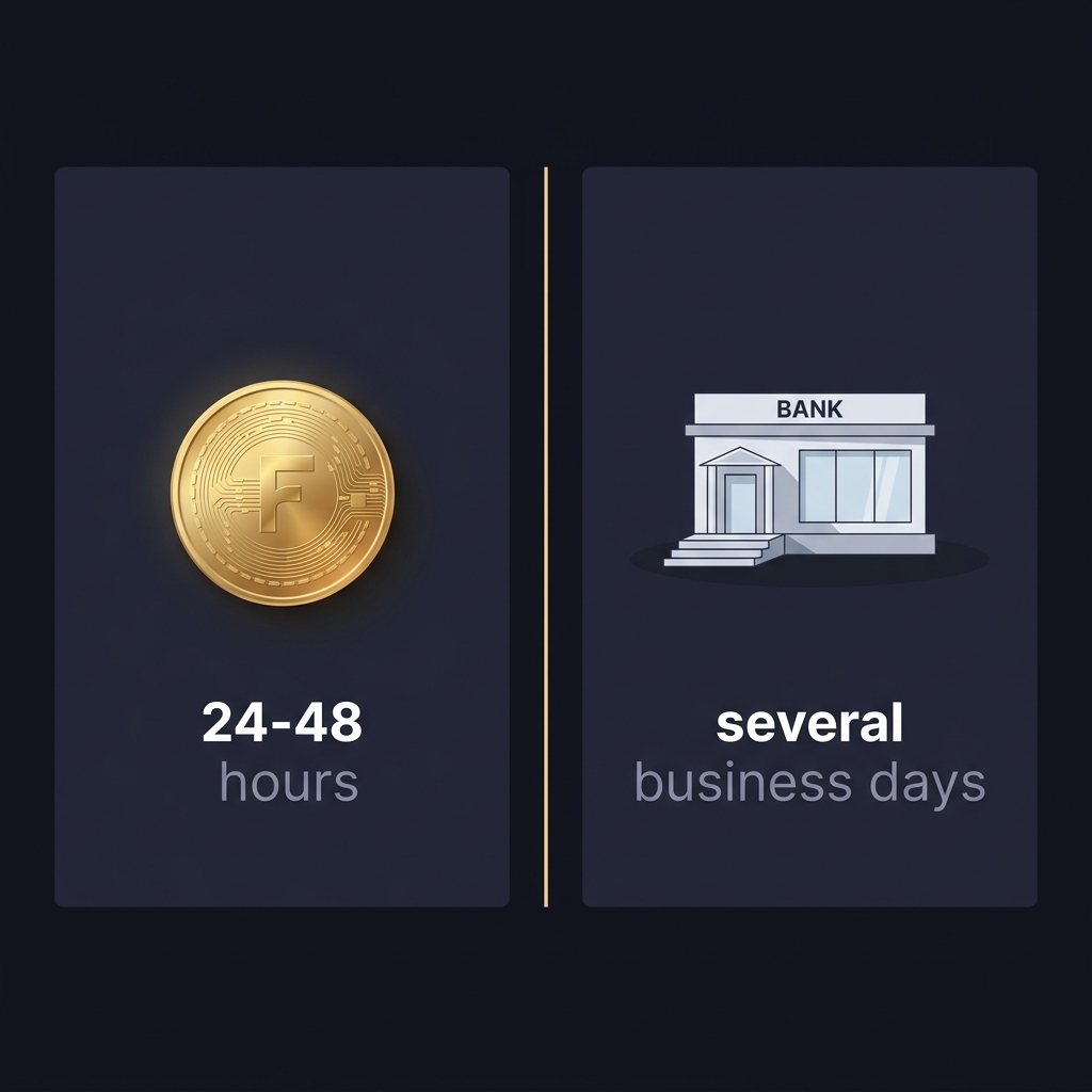 Minimalist side by side graphic of a crypto coin and a bank building labeled 24-48 hours and several business days showing transfer times betnow phone number