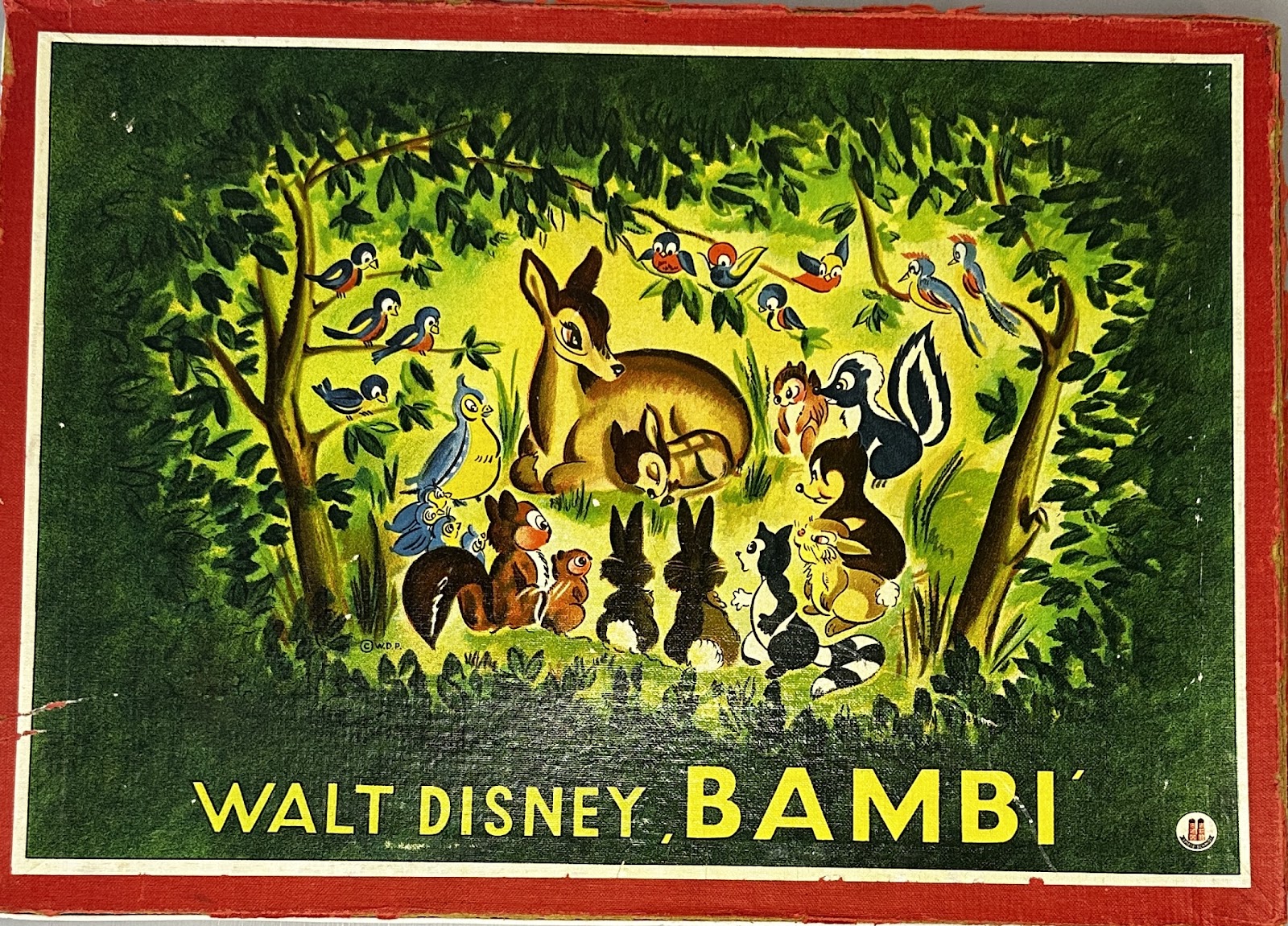 Walt Disney Bambi children's game by Whitman Publishing Co., featuring Golden Age artwork of Bambi, Thumper, Flower, and forest animals