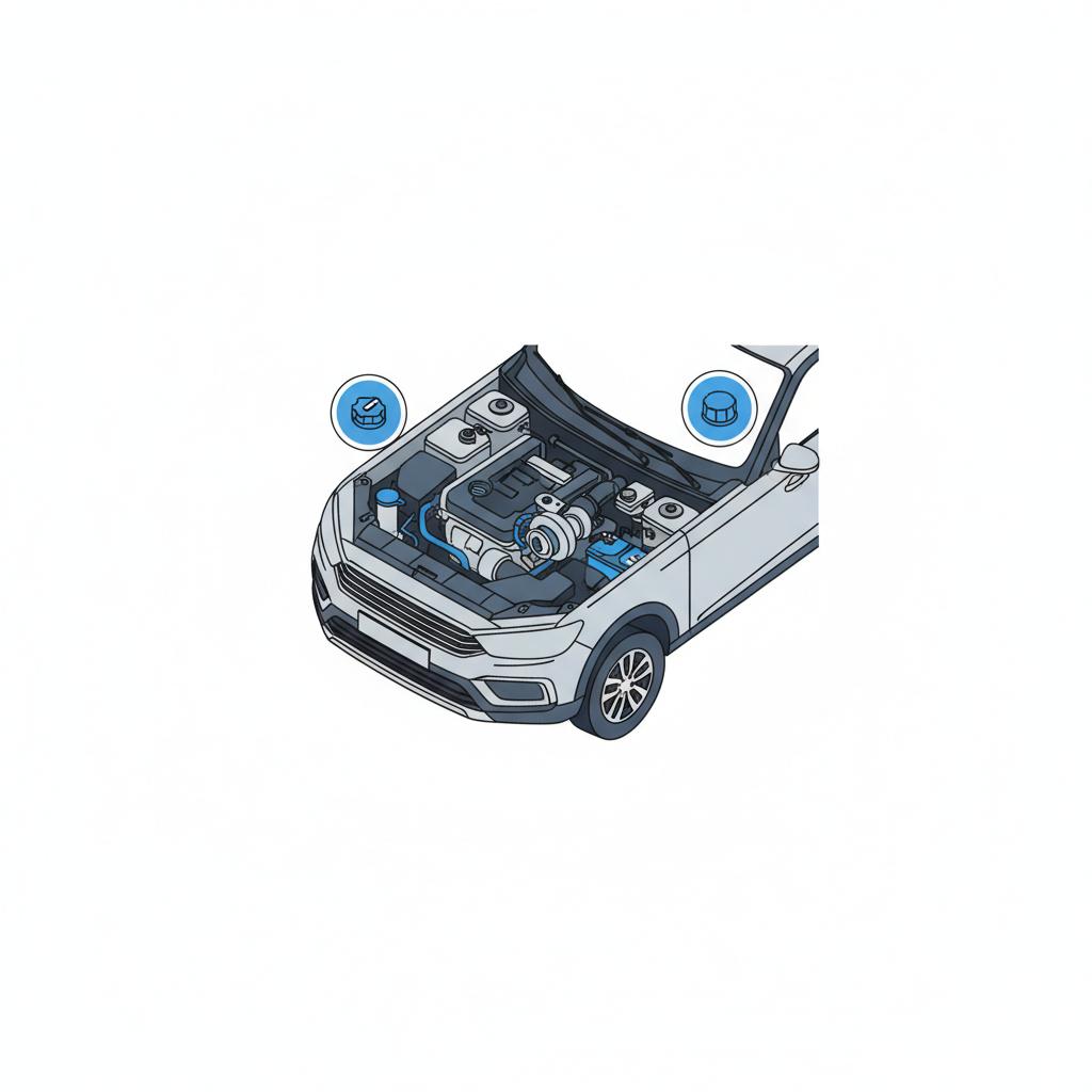 Minimalist 2D vector of an Audi Q3 engine bay highlighting turbocharger and oil fill cap with blue accents on white background audi q3 for sale