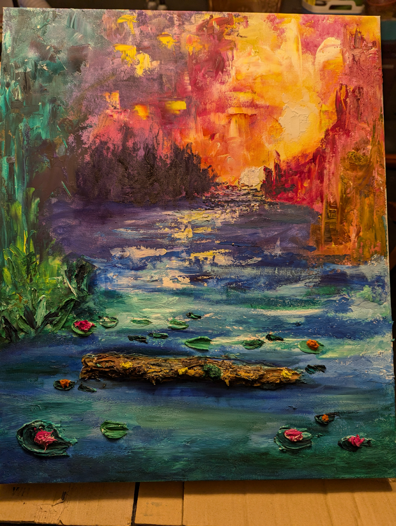 Sunset Pond with Floating Log by Rachel Streetman