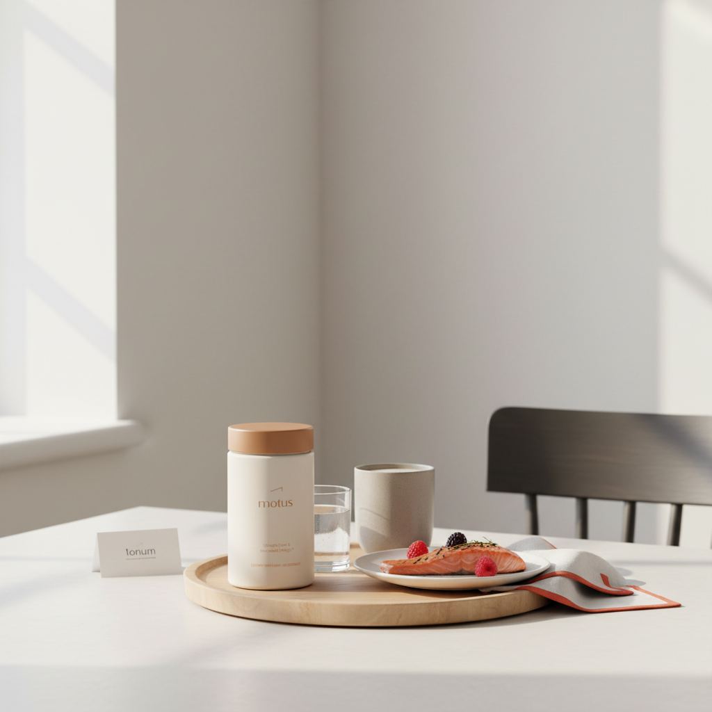 Motus jar on a wooden tray with a glass of water, neutral tumbler with morning shake and a plate of salmon and berries — image for protein shakes for weight loss.