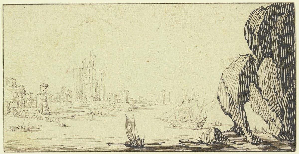 Seehafen mit Schiffen rechts ein großer Felsen
