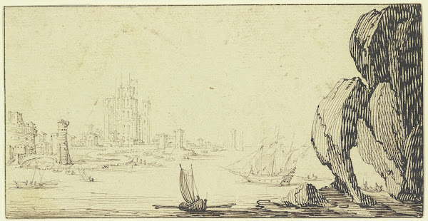 Seehafen mit Schiffen rechts ein großer Felsen