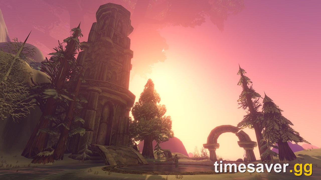 Ancient ruins under a pink sky on Mount Hyjal, from Blizzard's WoW Forever raid overview