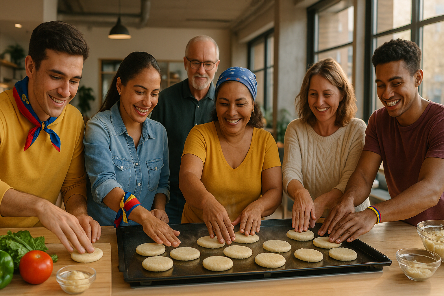 Venezolanos impartiendo taller de arepas en un centro comunitario en el exterior