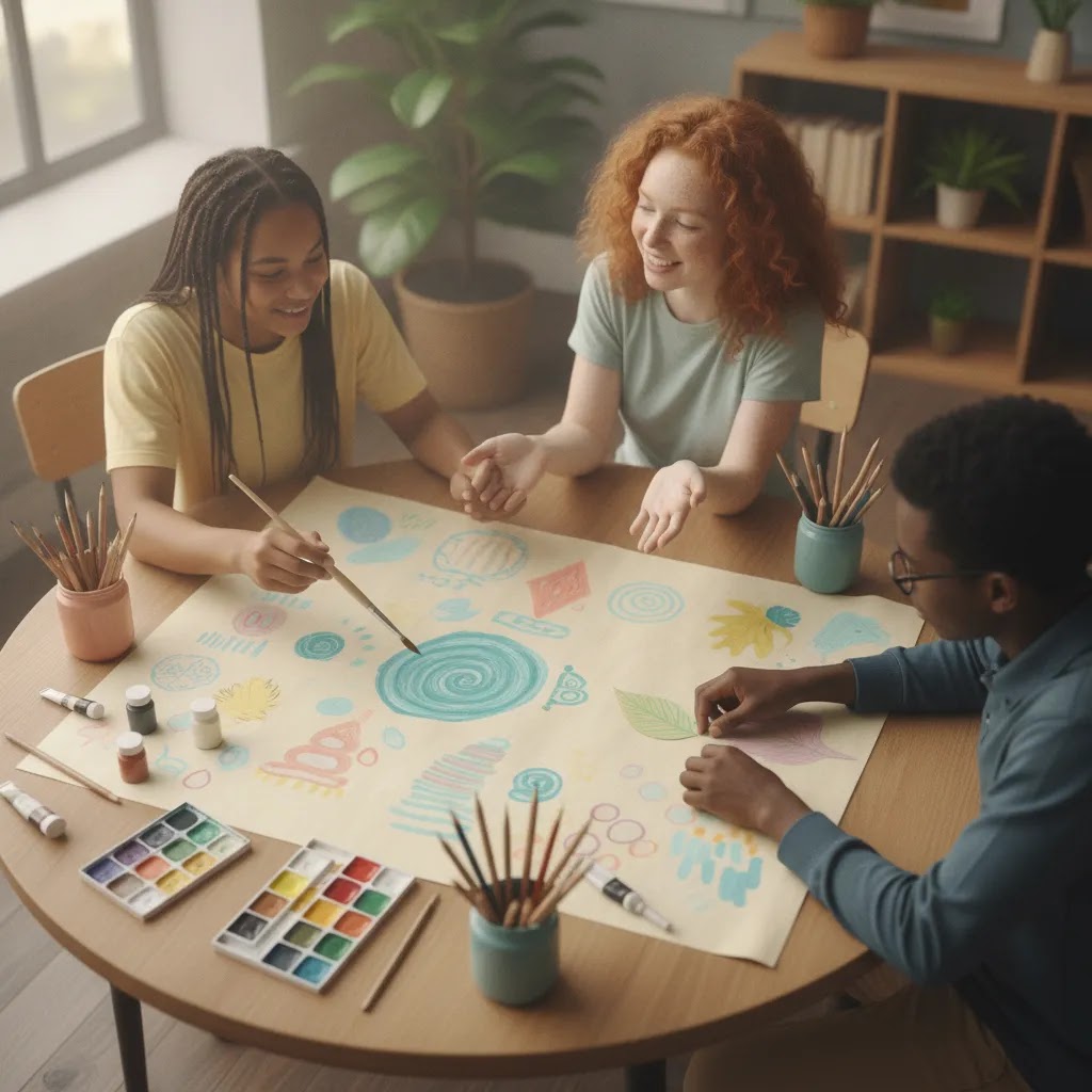 Best art therapy benefits for students shown through peer connection and collaborative art in school