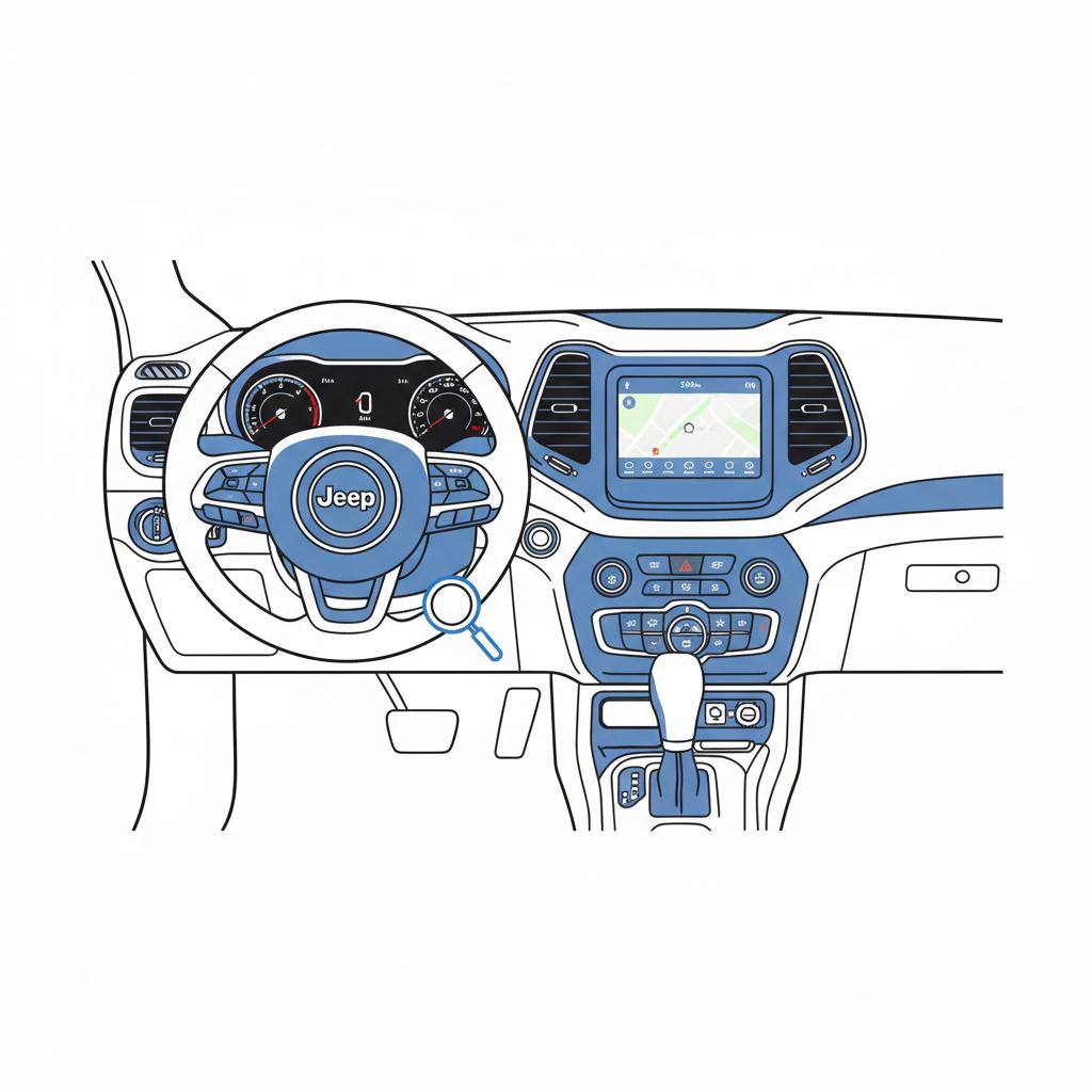 Minimalist 2D vector close up of an empty Jeep dashboard and center console focused on controls and inspection accents in CarFax Deals brand colors jeeps for sale