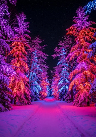 Neon Forest Path Winter Landscape