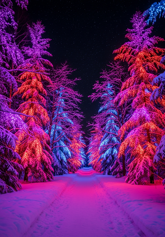 Neon Forest Path Winter Landscape