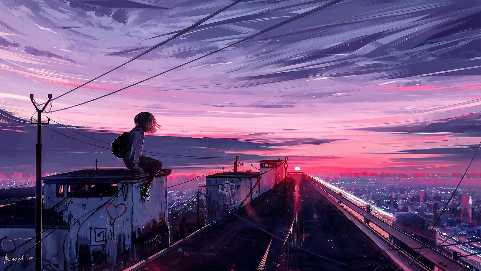 Rooftop Sunset Over The Pink City - Digital Anime Art Full HD Wallpaper (1920x1080)