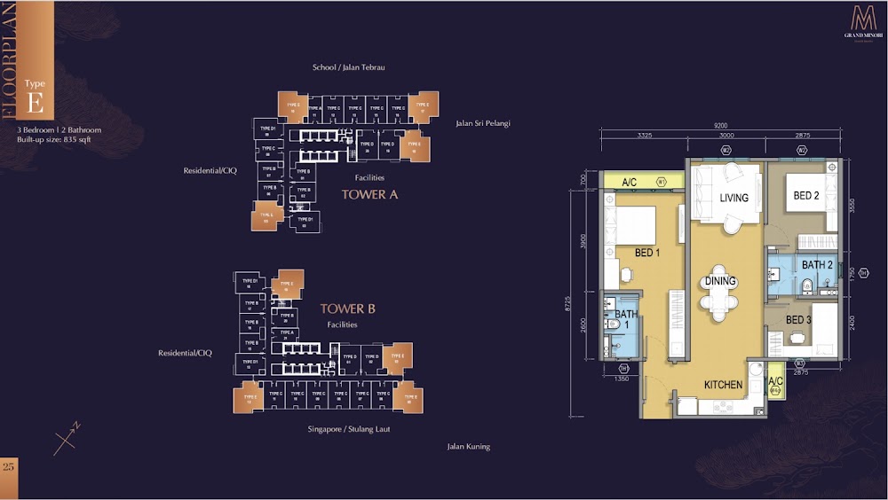 M Grand Minori Type E floor plan — 835 sq ft, 2 bedrooms