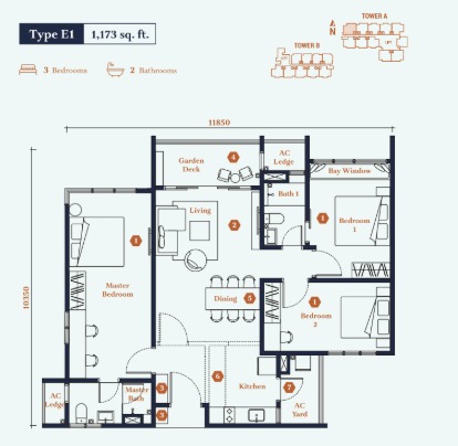 Avantro Residences Type E1 floor plan — 1269 sq ft, 4 bedrooms